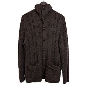 Mr. Turk Men's Brown 100% Merino Wool Cable Knit Cardigan - Medium